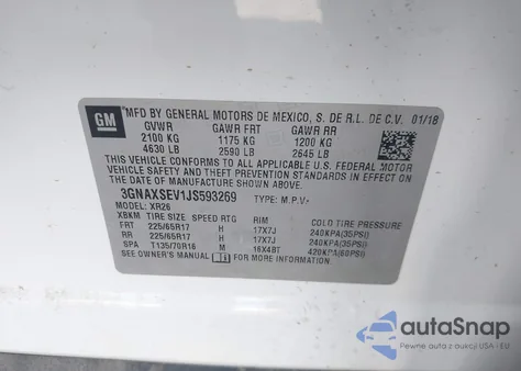 2018 Chevrolet Equinox Lt z USA, uszkodzony, nr VIN 3GNAXSEV1JS593269